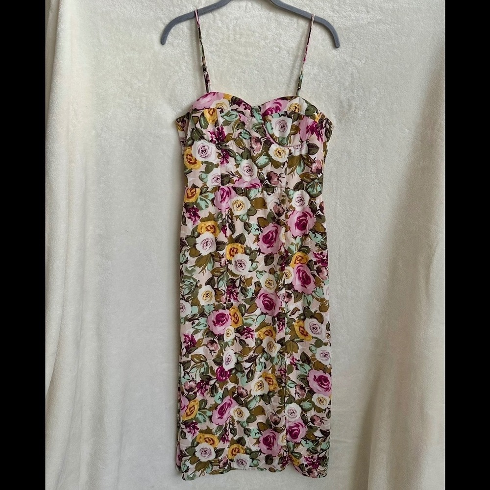 Bohme Floral Rose Midi Dress Large Smocked Sweetheart Cottagecore Romantic